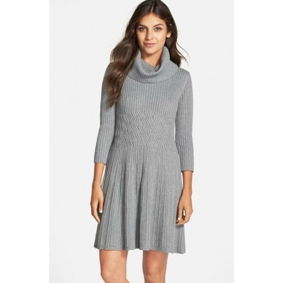 Eliza J Cowl Neck Sweater Dress Women Large Grey Ribbed Minimalist Holiday Fall - Picture 1 of 10